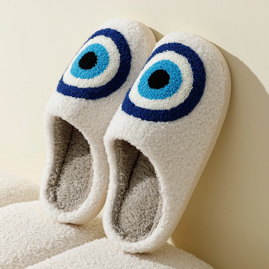 Women Winter Home Slippers Funny Blue Evil Eyes Indoor Fashion Comfortable Warm Embroidery Men Cushion Plush Home Shoes Student