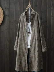 2025 Women's Plus-size Shirt Loose Plaid Top Autumn Clothes Casual Retro Stripes Single Breasted Long Sleeves