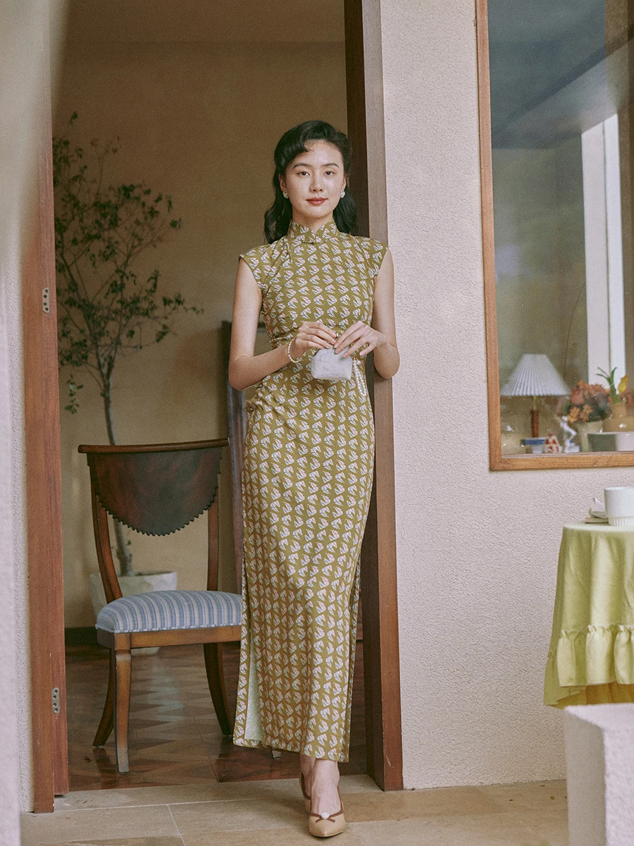 

Momei Spring Summer Vintage Sle Semi-Open Jaet Long Cotton Silk Qipao Simple Ele Daily Wear Low Slit No Sve Floral