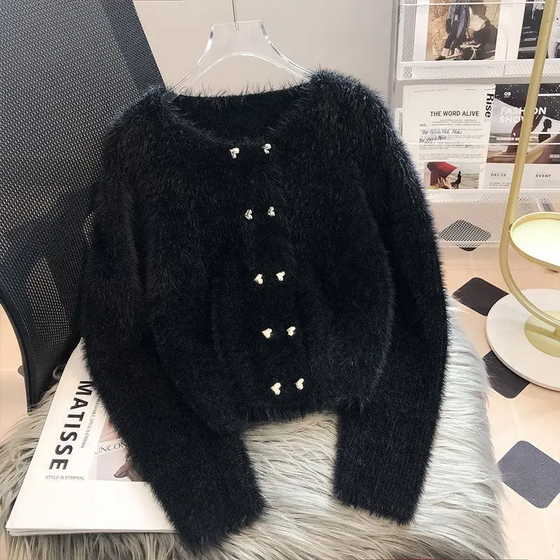 Cardigans Women Fluffy Cropped Sweaters Chic Double Breasted Retro European Style Ladies Fashion Street Aesthetic Autumn Winter