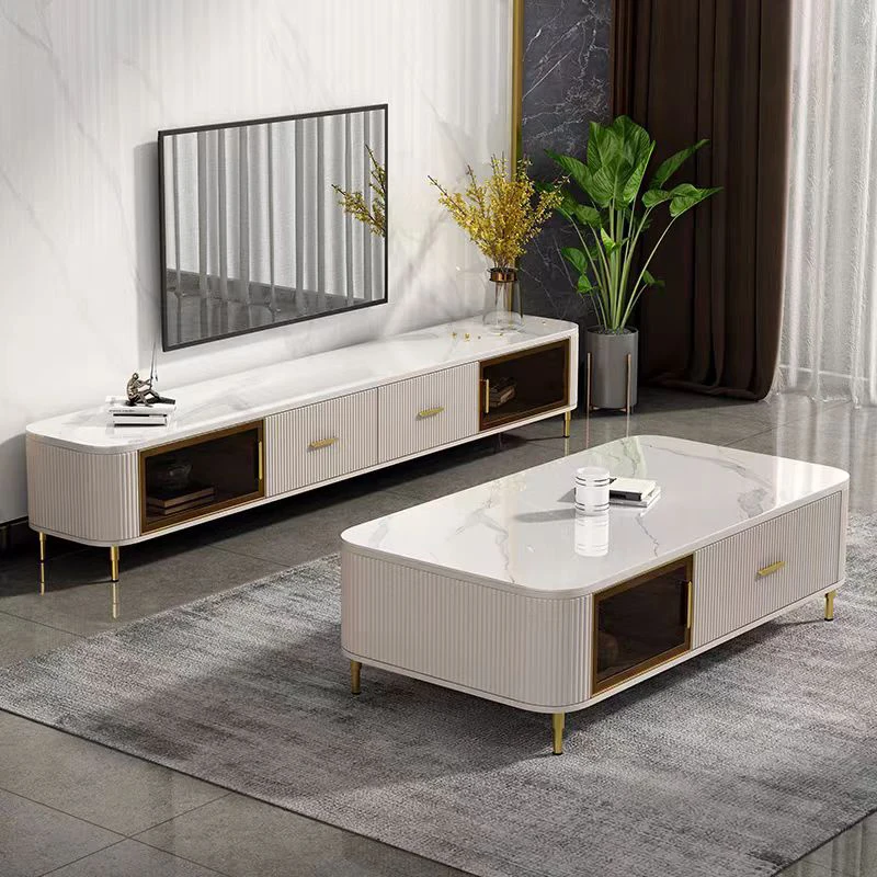 

Modern Simple White Wooden Tv Stand and Coffee Table Set Furniture Luxury Home Storage Center Coffee Table For Living Room