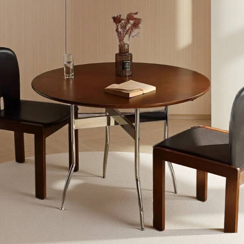 French Style Solid Wood Round Dining Table and Chair for Small Households, Foldable Stainless Steel Walnut Table for Negotiation