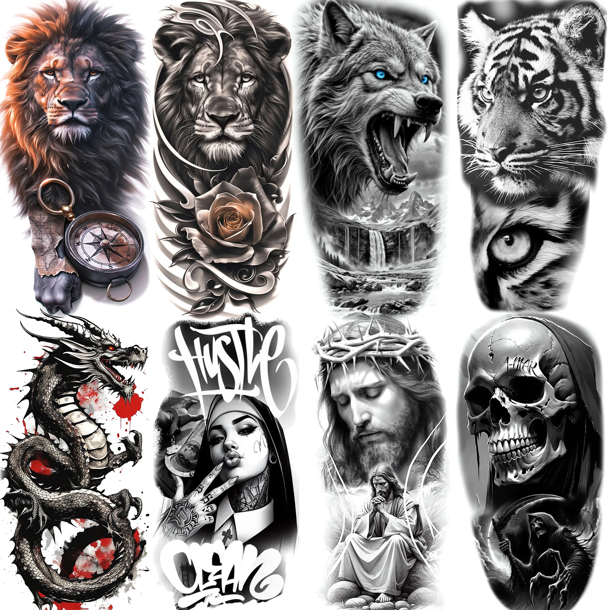 

1 Sheet Lion Tiger Wolf Temporary Tattoos Waterproof Realistic Skull Dragon Fake Tattoos Long Lasting Arm Leg 3D Tatoo Stickers