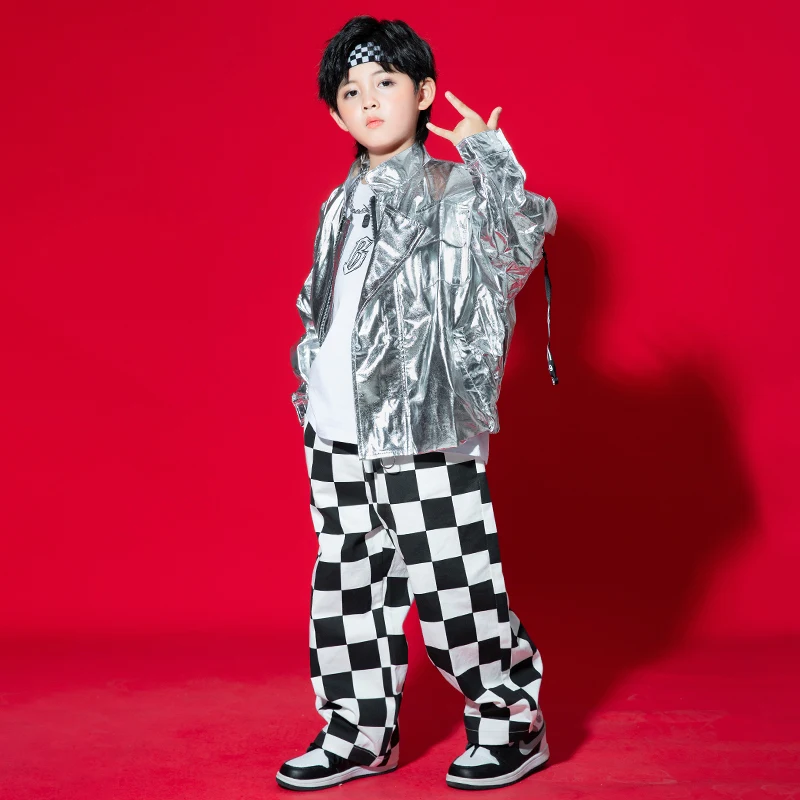 Kids Hip Hop Clothing Sequined Silver Jacket Tops Casual Pants Streetwear For Girl Boy Jazz Dance Costumes Clothes Kpop Outfits