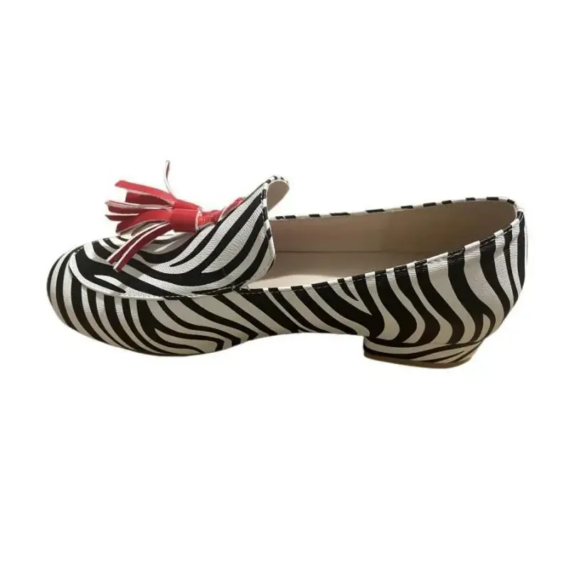 2024 New Women\'s Shoes Spring Autumn Tassel Low Heel Round Head Large 40-43 Shallow Mouth Leopard Pattern Casual Lofers Shoes