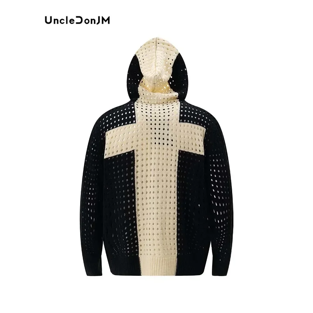 Mesh Hollow Hooded Knitted Sweater Hip Hop Cardigan Men