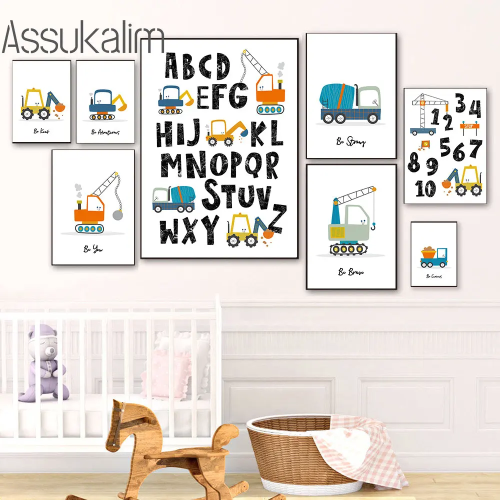 Toy Car Wall Art Blue Truck Canvas Pictures Alphabet Number Wall Poster Nordic Art Prints Nursery Posters Baby Boy Room Decor