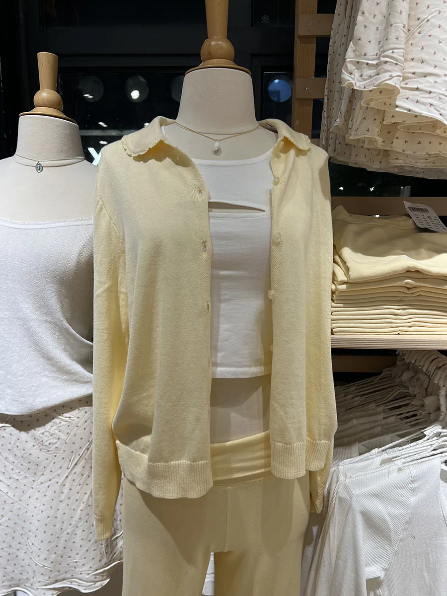 

Butter Yellow Long Sleeve Cardigan Sweater Women Autumn Peter Pan Collar Button-up Knitwear Preppy Style Sweet Jumper Outerwear