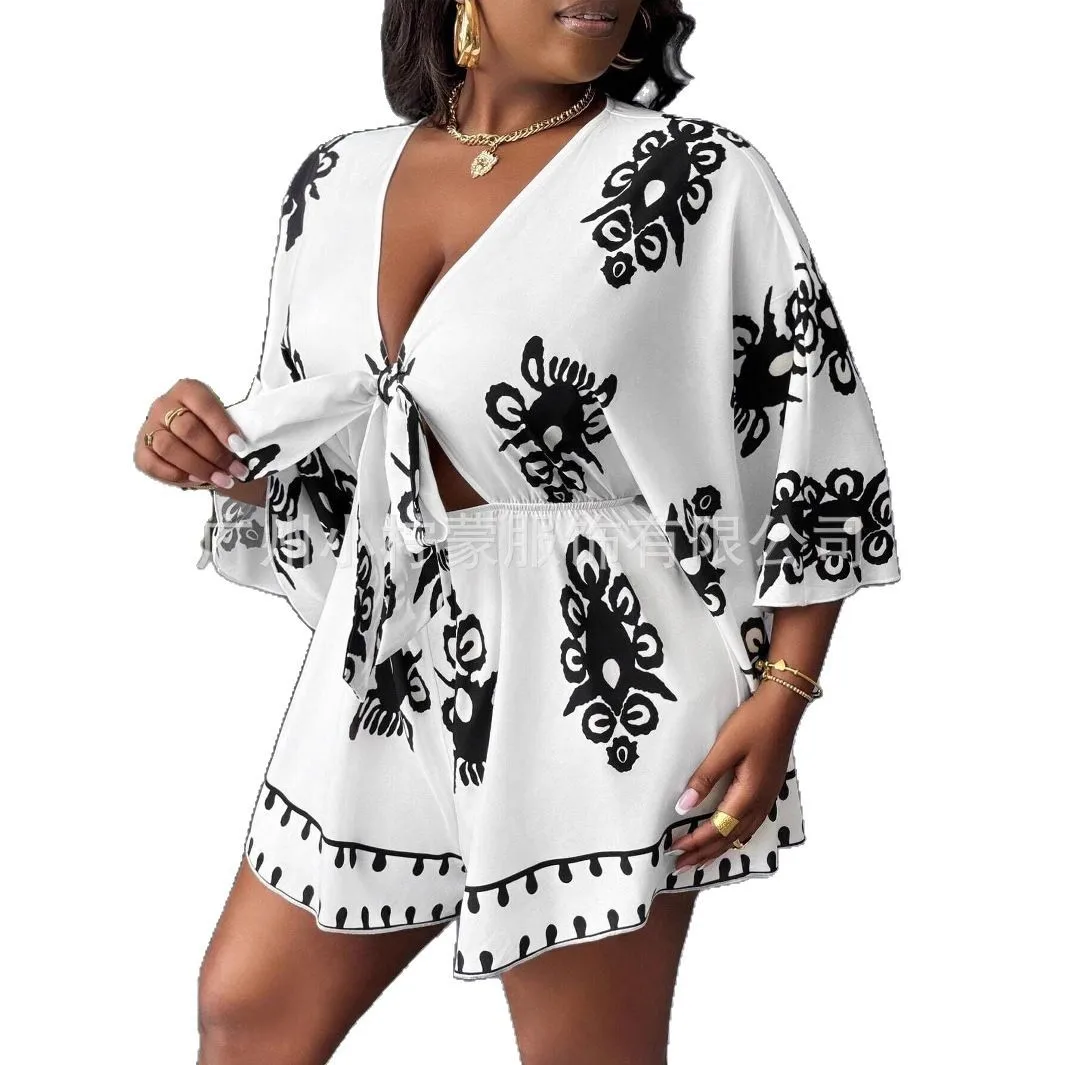 Maat voor dames, korte mouwen bedrukt sexy los met diepe V-hals, dunschiller voor zomervakanties, verzending triangulatie