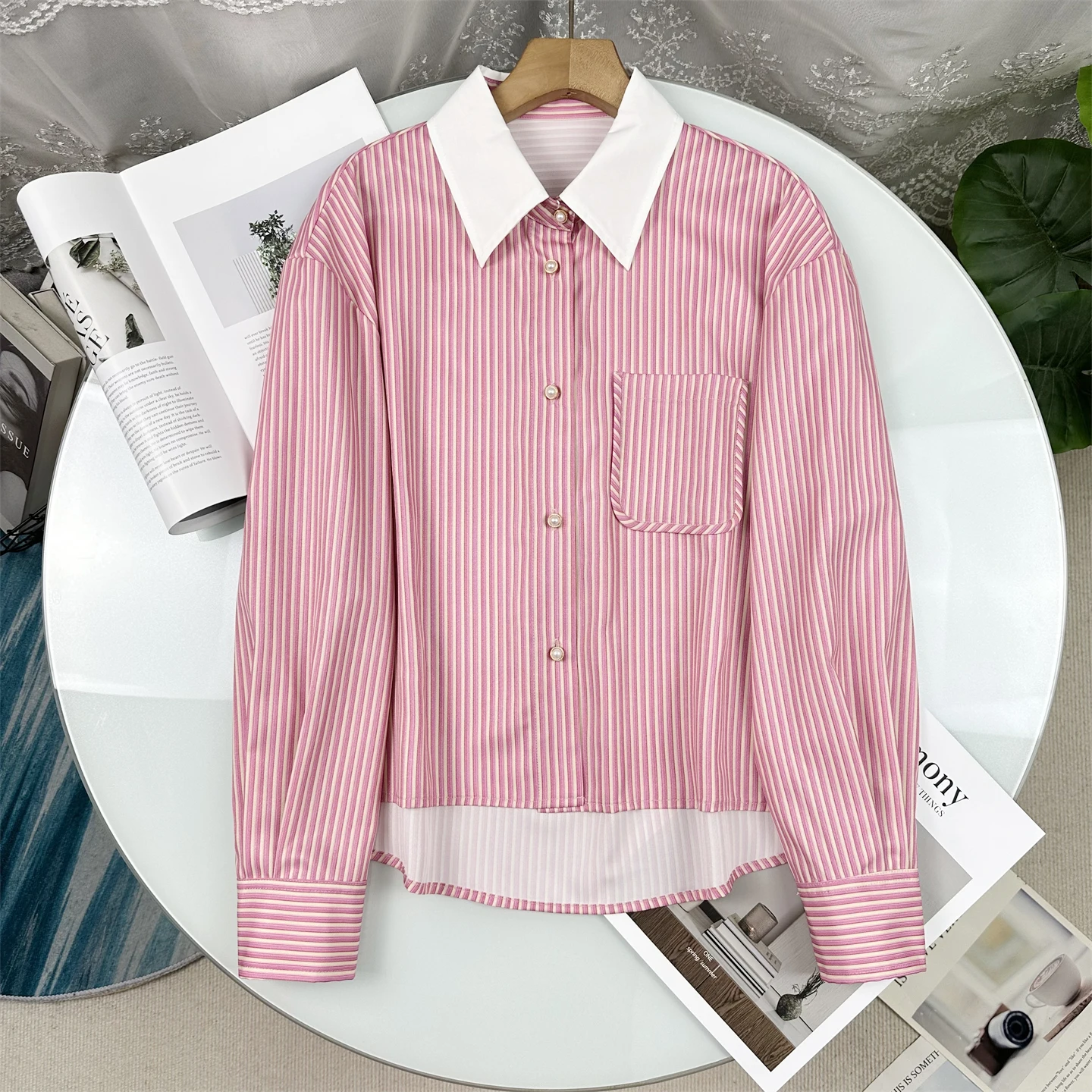 

Spring 2026 New Style Fairy Shirt! Long Sleeve Cotton Plaid Collar Stand up Women's Outerwear Fashion Commute Loose Fit Stripes