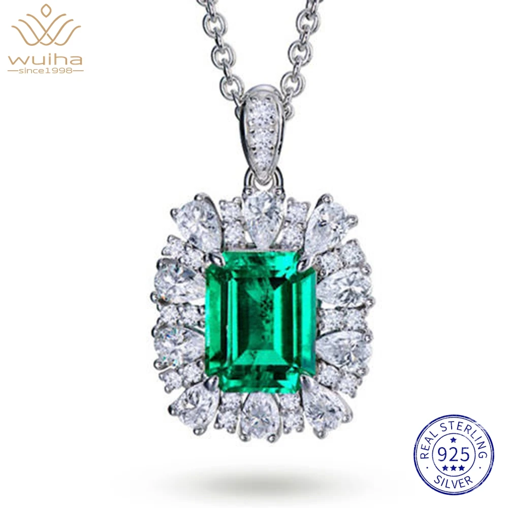 WUIHA Vintage 925 Sterling Silver 2.2 CT Emerald High Carbon Diamond Gemstone Pendant Necklaces Fine Jewelry Anniversary Gifts