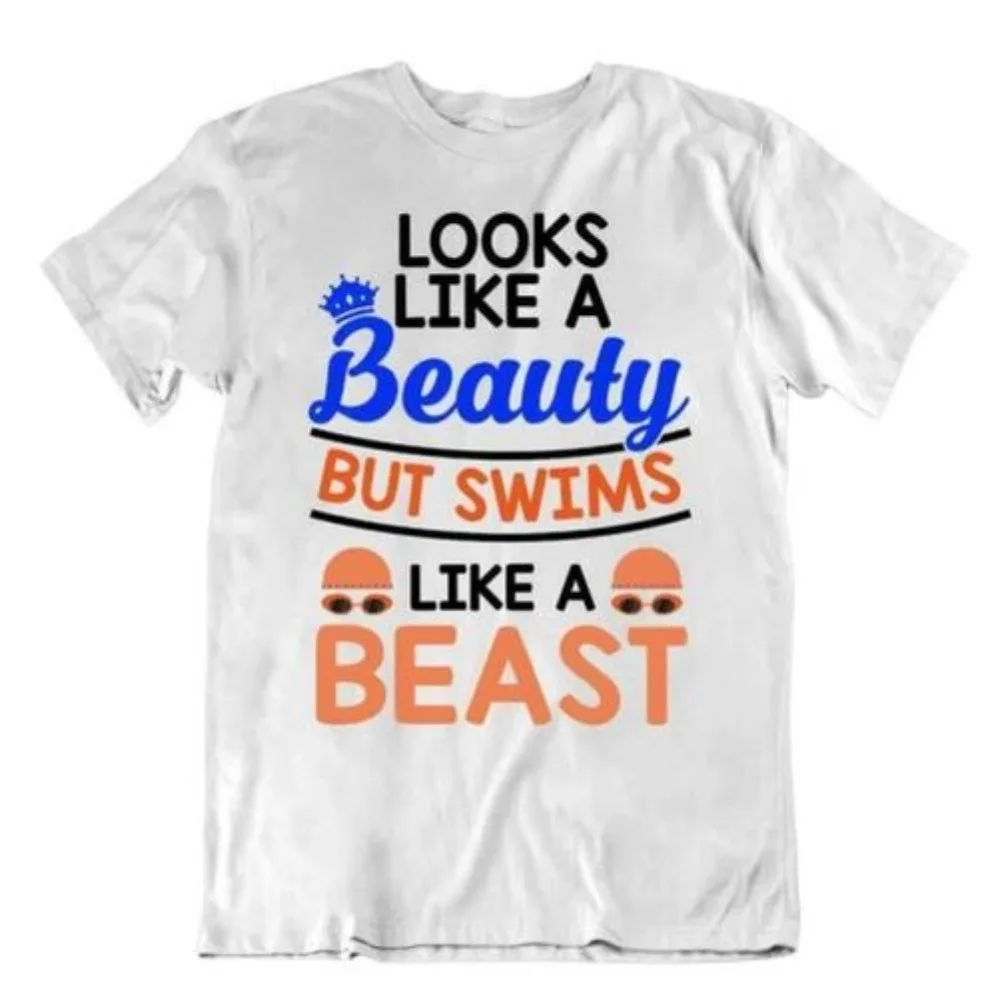 

Beauty and Swim Shirt Funny Swimming Sporting Hobby Tshirt Novelty Slogan Tee Tops Women Daily Life Crewneck Cotton Short Sleeve