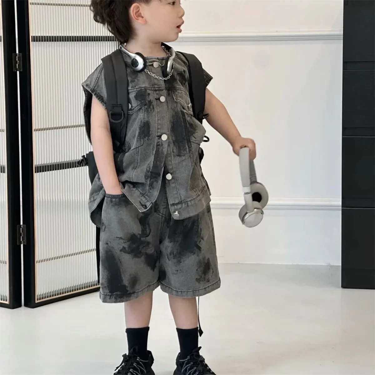 

Boys Summer Set Fashionable 2026 New Style Denim Top+Shorts Two-Piece Set Trendy Children's Clothing