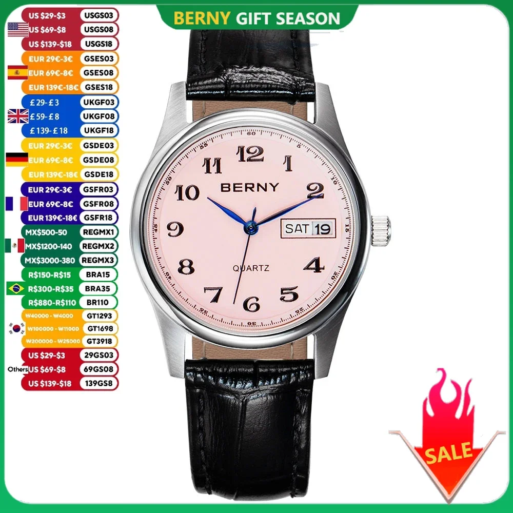 BERNY-Montre étanche en acier inoxydable pour femme, montre-bracelet pour femme, facile à lire, mode élégante, semaine du calendrier, décontracté et