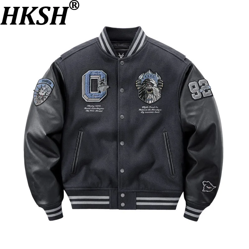 HKSH Autumn Winter New Men American Woolen Patchwork Baseball Jacket Embroidery Thickened Warm Trendy Casual Padded Coat HK16611