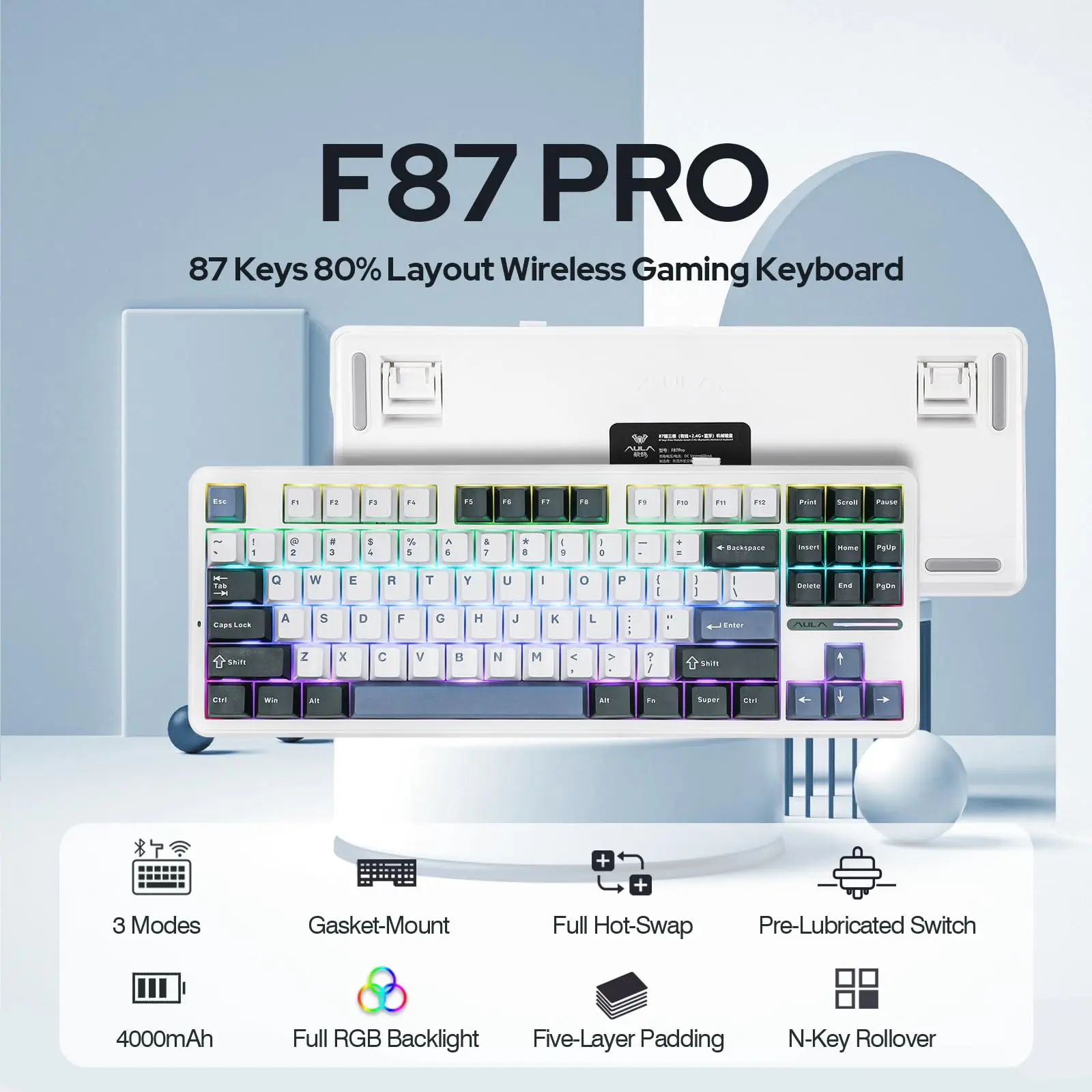 Aula F87 Pro 무선 개스킷 기계식 키보드, 87 키 컴팩트, TKL 트라이 모드, BT/2.4G/Tye-C RGB 게임용 키보드, 핫 스왑 가능 