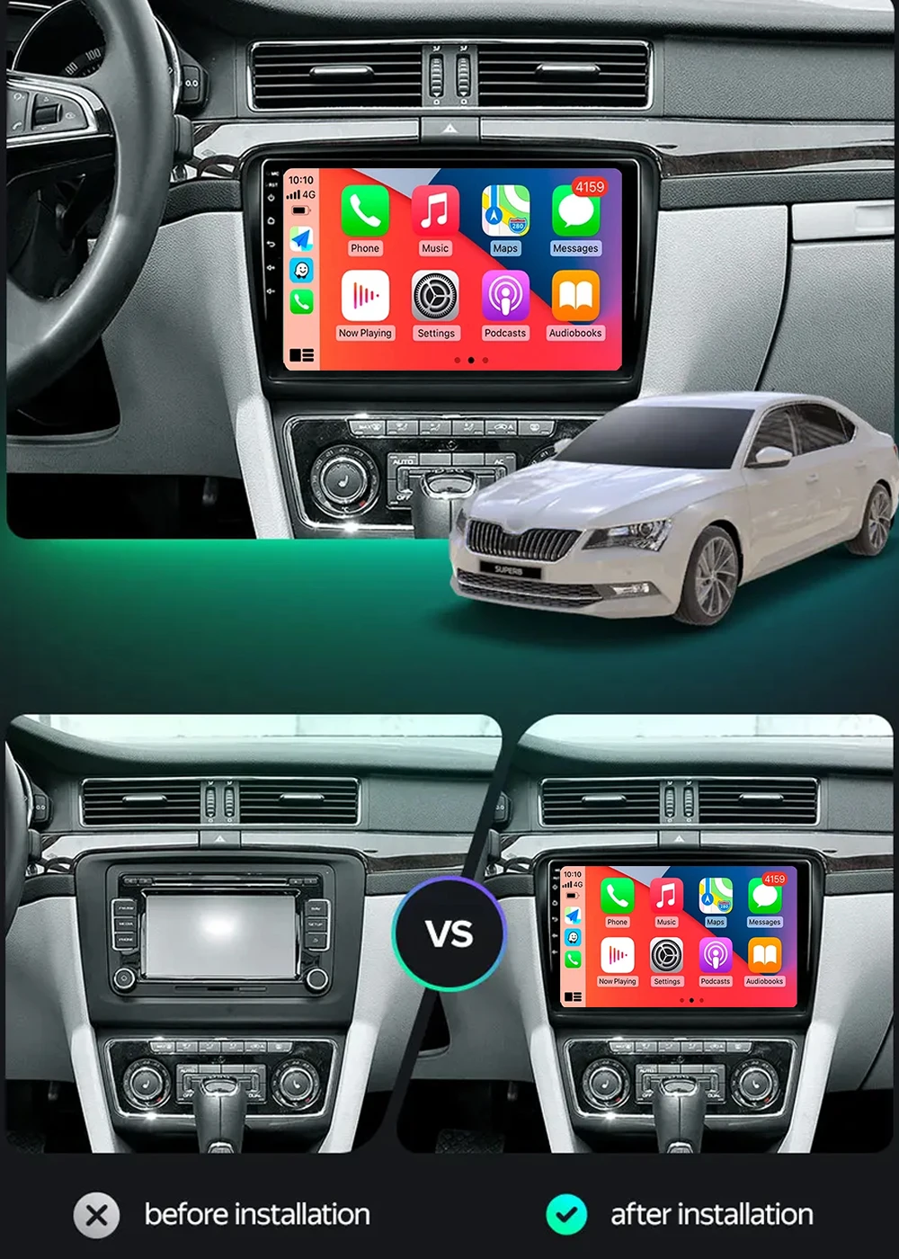 10.1” 4G WiFi Carplay 2din Android 14 Car Radio For Skoda Superb 2 B6 2008-2015 Multimidia Video Player Navigation GPS DSP QLED