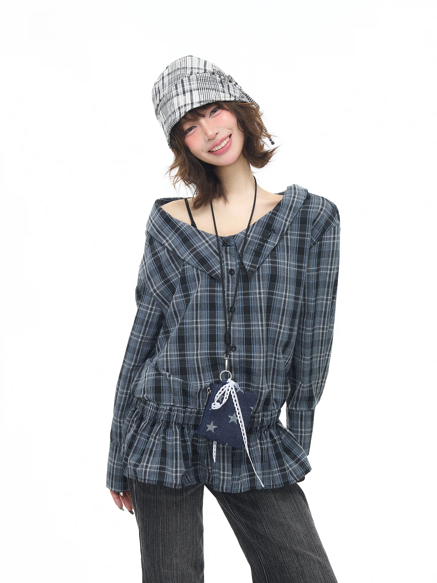 

Женская корейская блузка Astrsk с эффектом похудения, дизайнерская, с рукавом 3/4, приталенная, с вырезом на талии, с клетчатым принтом