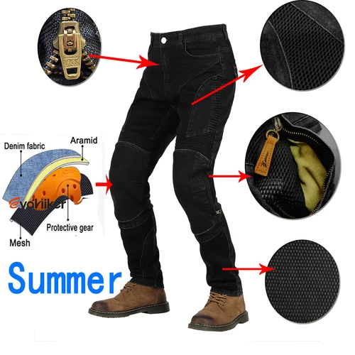 Imagen 2 del producto Hithotwin Kevlar protec Jeans de motocicleta Kevlar para hombre - Pantalones de montar transpirables de verano con armadura hasta la rodilla, certificado CE, azul/negro