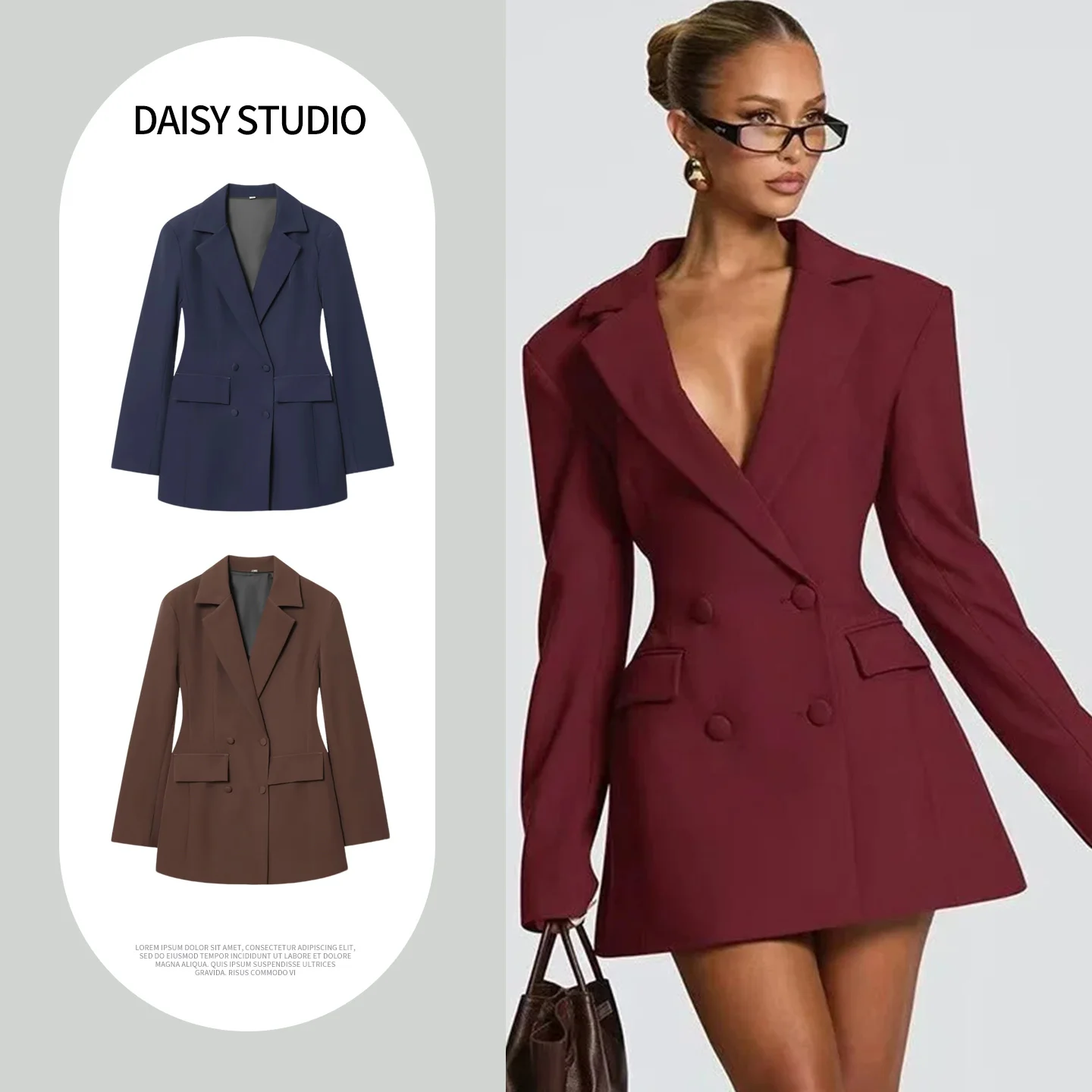 

Spring New Women's Slim Fit Style Long Sleeve Turn-down Collar Double Button Short Suit Flower Bud Waist-cinching Dress