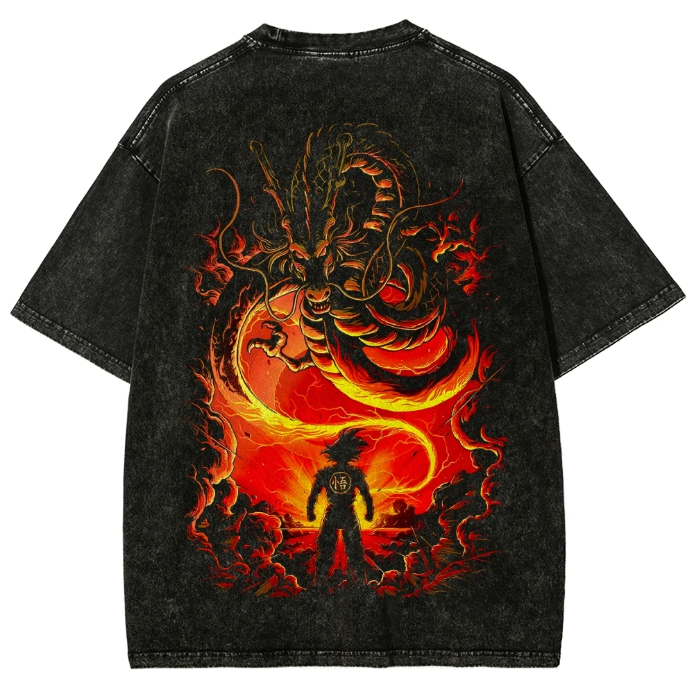 

Retro Intage Washed T Shirt Men Super Warrior Graphic Tee Heavy Cotton Distressed Anime Shirt Flame Dragon Print Streetwear Top