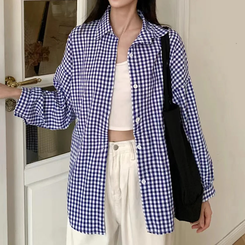 Women Gingham Shirt Long Sleeve Button-Down Pink Blue Checkered Blouse Top Jacket Summer Spring TeenGirl Boyfriend Casual Outfit