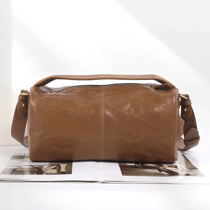 خمر بوسطن وسادة حقيبة الطبقة العليا جلد البقر الخضار المدبوغة الجلود المتشرد حقيبة يد المرأة الفاخرة واحدة الكتف حقيبة كروسبودي