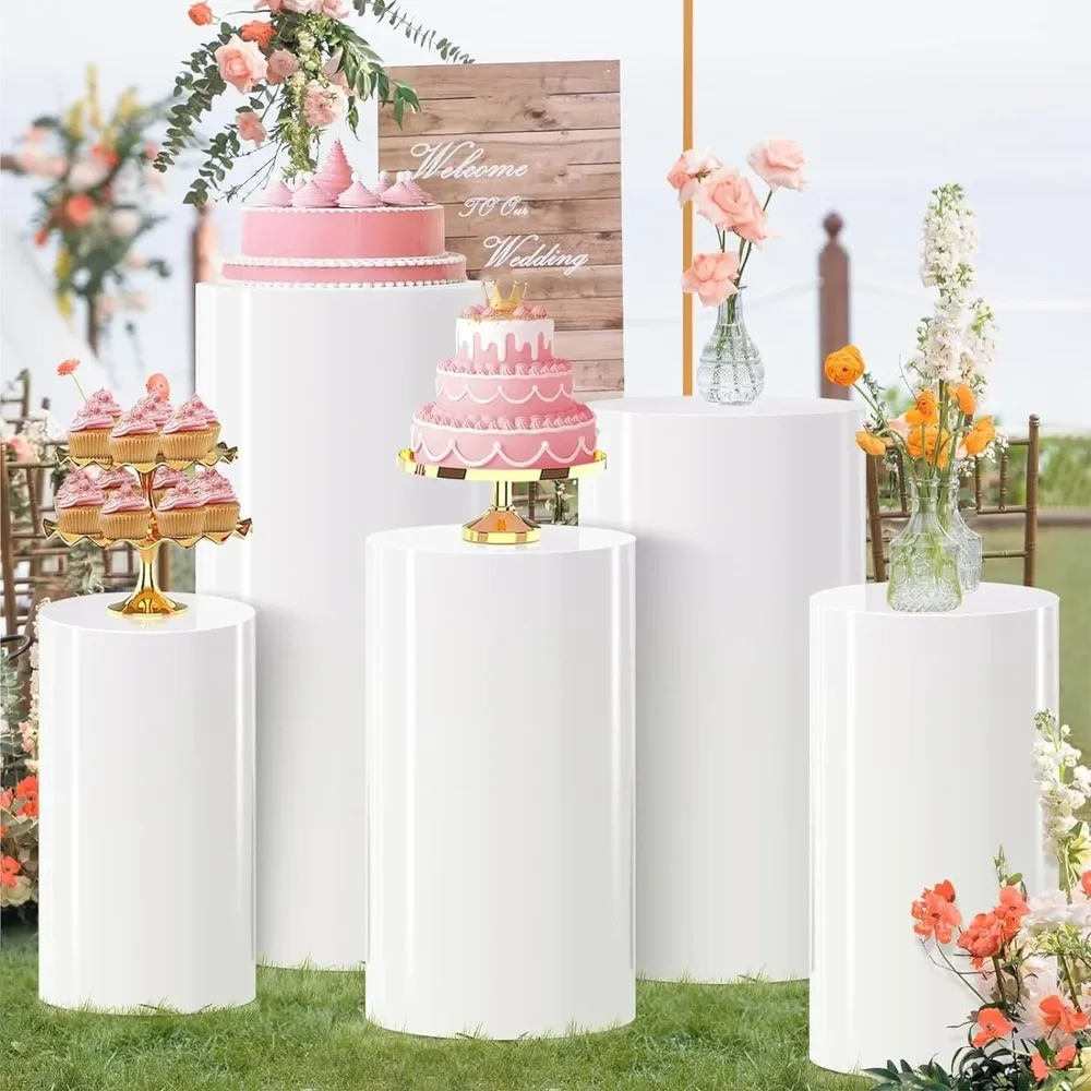 

Party Cylinders Set of 5 Stand, Cake Stand Set White Round Cylinder Display Pedestal Stands, Event Decor ( 5Pcs)