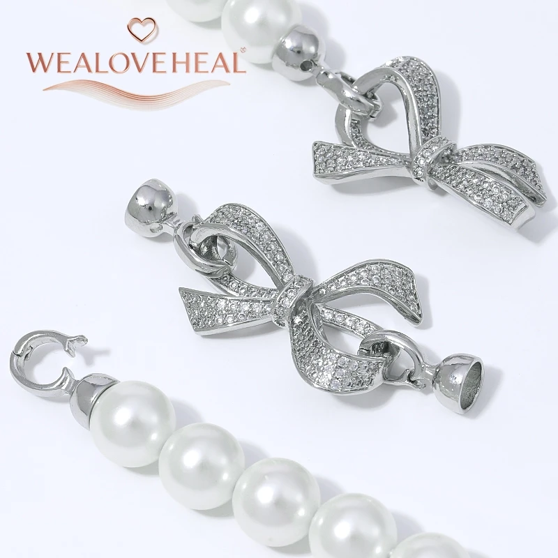 Rhodiumbeschichteter Messing-Schleifenverschluss mit Perlen, Mikro-Pavé-Zirkonia-Verbinder für DIY-Schmuckherstellung, Zubehör für Armbänder und Halsketten – Detail 15