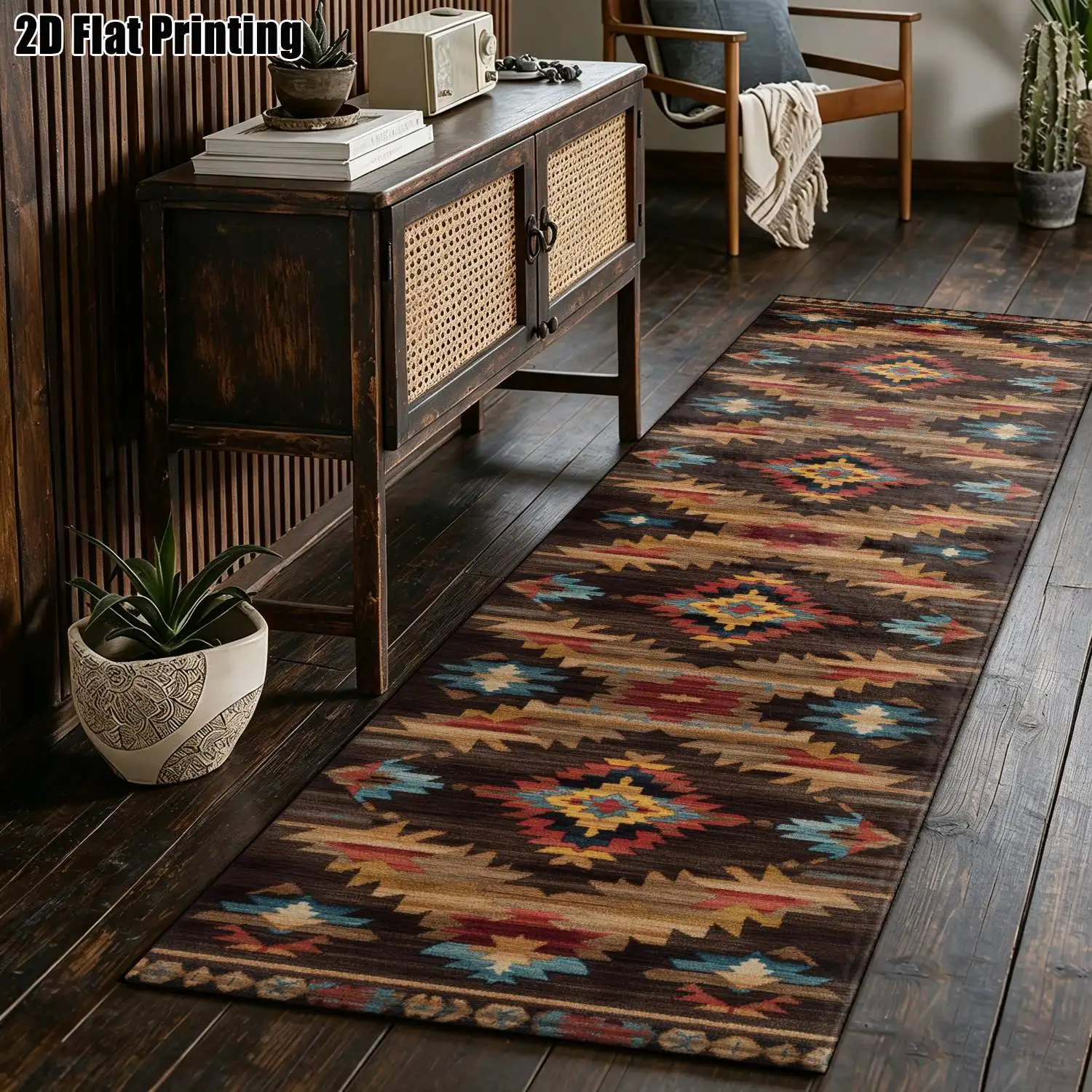1Pc 2D Printed Long Strip Rug: Red-Brown Geometric Retro Bohemian Nordic Style, Machine Washable, Multi-Size, Ideal for Entryway, Hallway, Living Room, Bedroom Home Decor