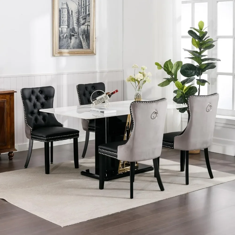 Upholstered Tufted Dining Room Chairs with High Back, Nailhead Trim and Solid Wood Legs,Pu Leather Splicing, Velvet