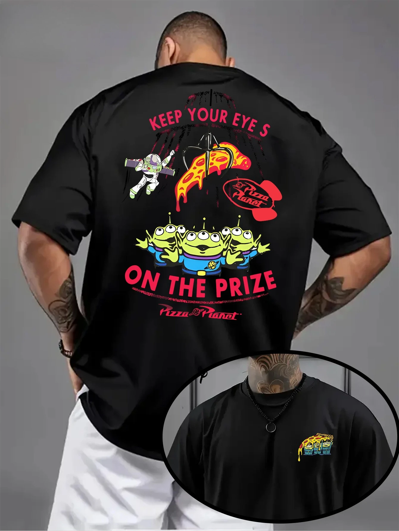 

2025 Summer Toy Story Pizza Planet Alien Pattern T-Shirt Cotton Casual Short Sleeve Super Loose Couple Unisex Top T-Shirt