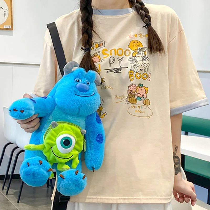 Disney Anime Monsters Inc Anime Goods Cartoon Sulley James P Sullivan Mike Stitch Plush Backpack Gift For Kids Birthday Doll Toy