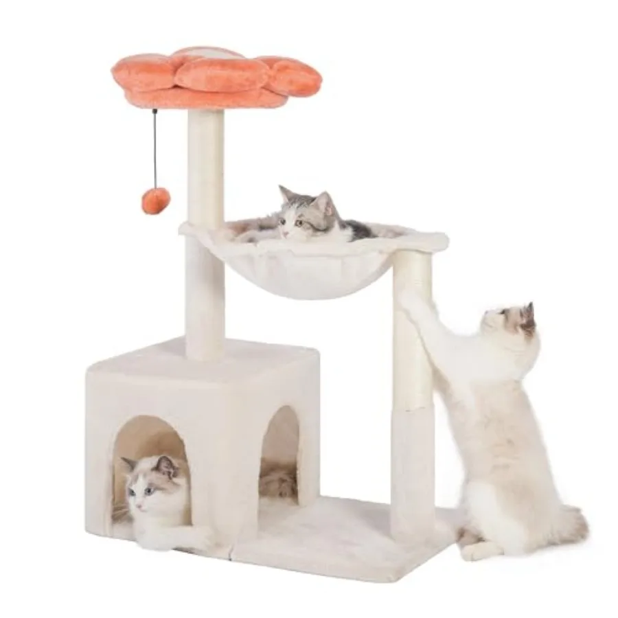 

Когтеточка-дерево Flower Cat Tree 34 дюйма, небольшая лежанка для кошек, подходит для крупных кошек, с большим гамаком 15,7 дюйма, съемной верхней лежанкой и широкой платформой