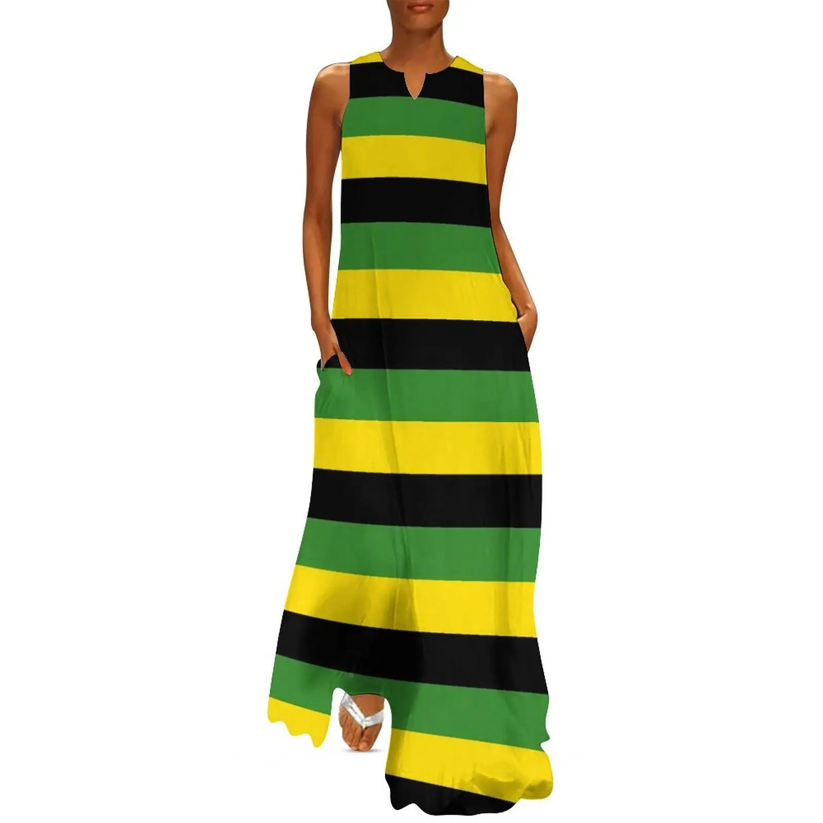 Jamaica Flag Dress Black Yellow Green Stripes Elegant Maxi Dress Street Fashion Bohemia Long Dresses Female Oversized Vestidos