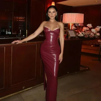 Suninheart 秋のストラップレスパーティードレス 2024 新着ワイン PU コルセットドレスセクシーなミディボディコンナイトイベントドレス女性