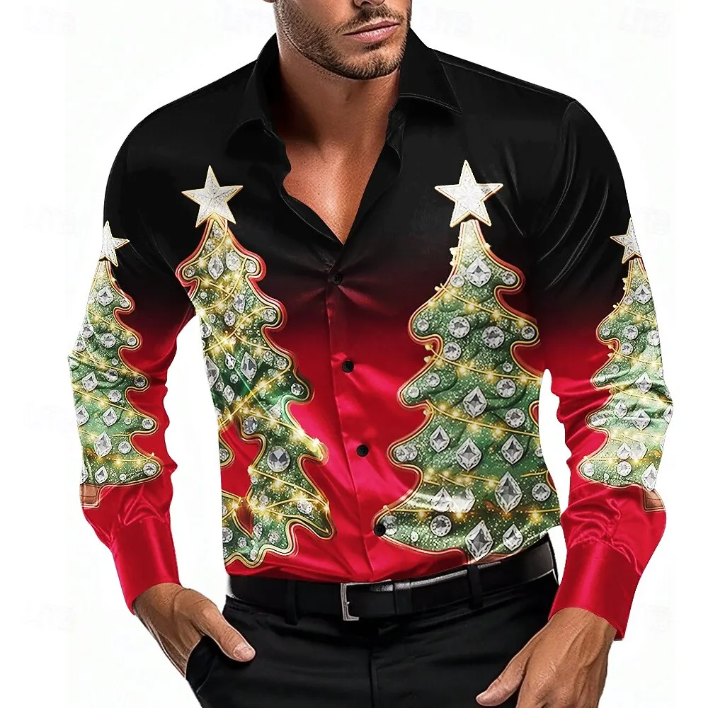 2025 عيد الميلاد الرجال شجرة عيد الميلاد التدرج اللون قميص طويل الأكمام أزياء عارضة حزب عطلة الصيف الربيع الخريف