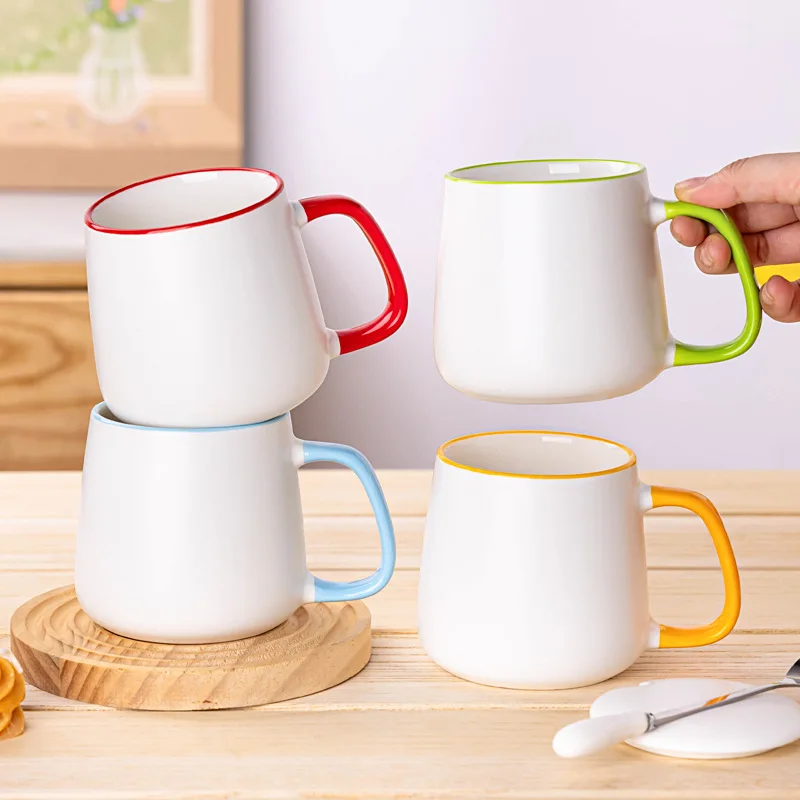 400ml Ceramic Mug Office Home Activity Gift Coffee Cup Creative Splicing Color Matching Edge Color Water Mugs with Cover Spoon