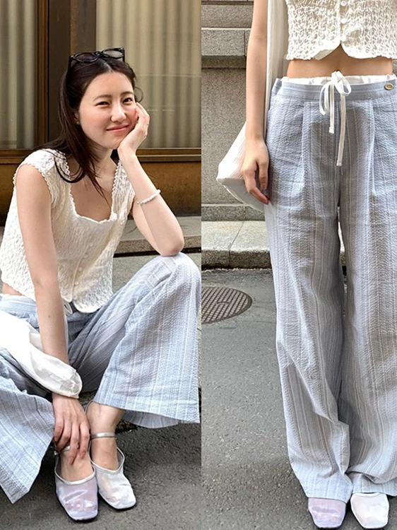 Korean Sle Casual Pants Women's New Vintage Lazy Loose Waist Faionable Anti-Aging Long Trousers High Waist Wide Leg
