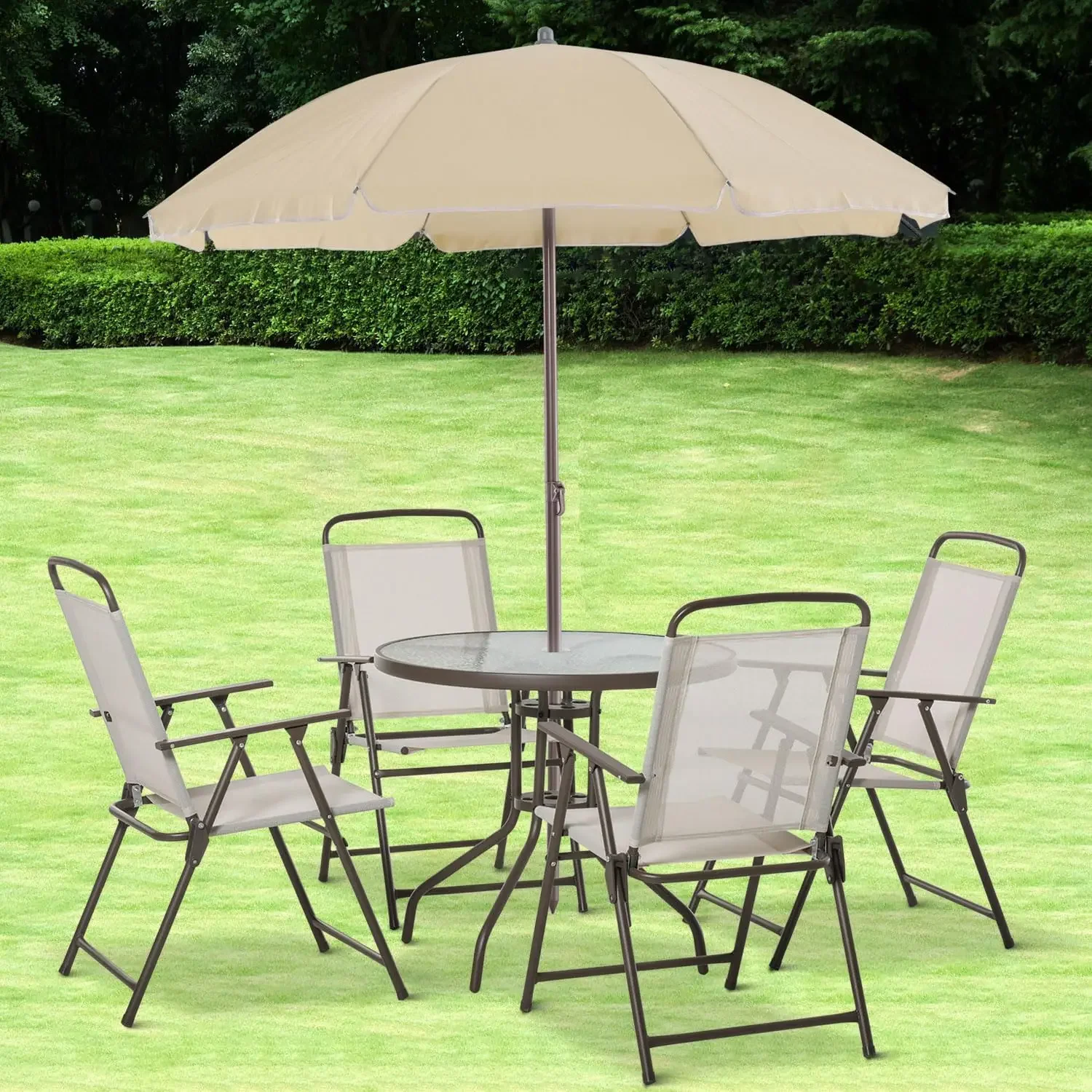 

6 Piece Patio Dining Set for 4 with Umbrella, Outdoor Table and Chairs with 4 Folding Dining ChairsBackyard and Poolside, Beige