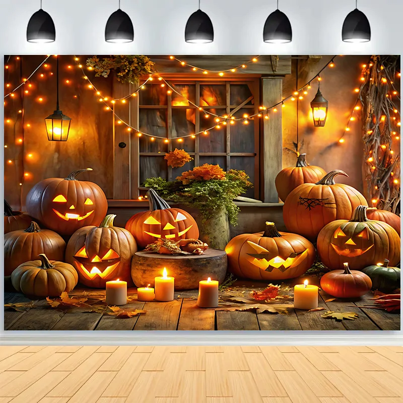Halloween Day Autumnal Pumpkins Photography Backdrops Props Maple Leaf Scarecrow Farm Harvest Thanksgiving Background RR-20