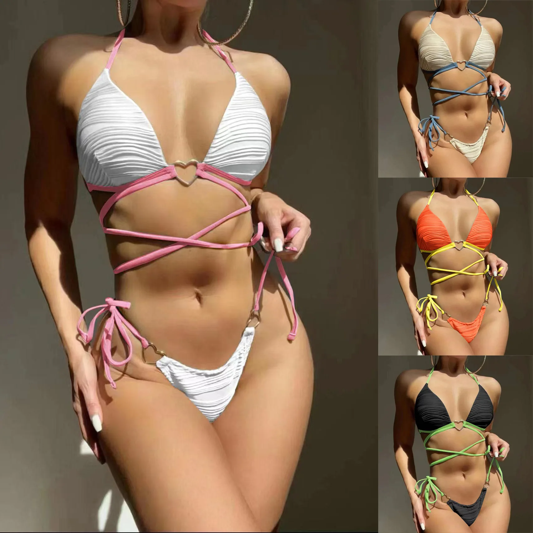 

2023 European and American Split Hard Cup Bikini Love Drawstring Tie Bikini Swimwear Women's Sexy Swimwear Plus Size Swimwear