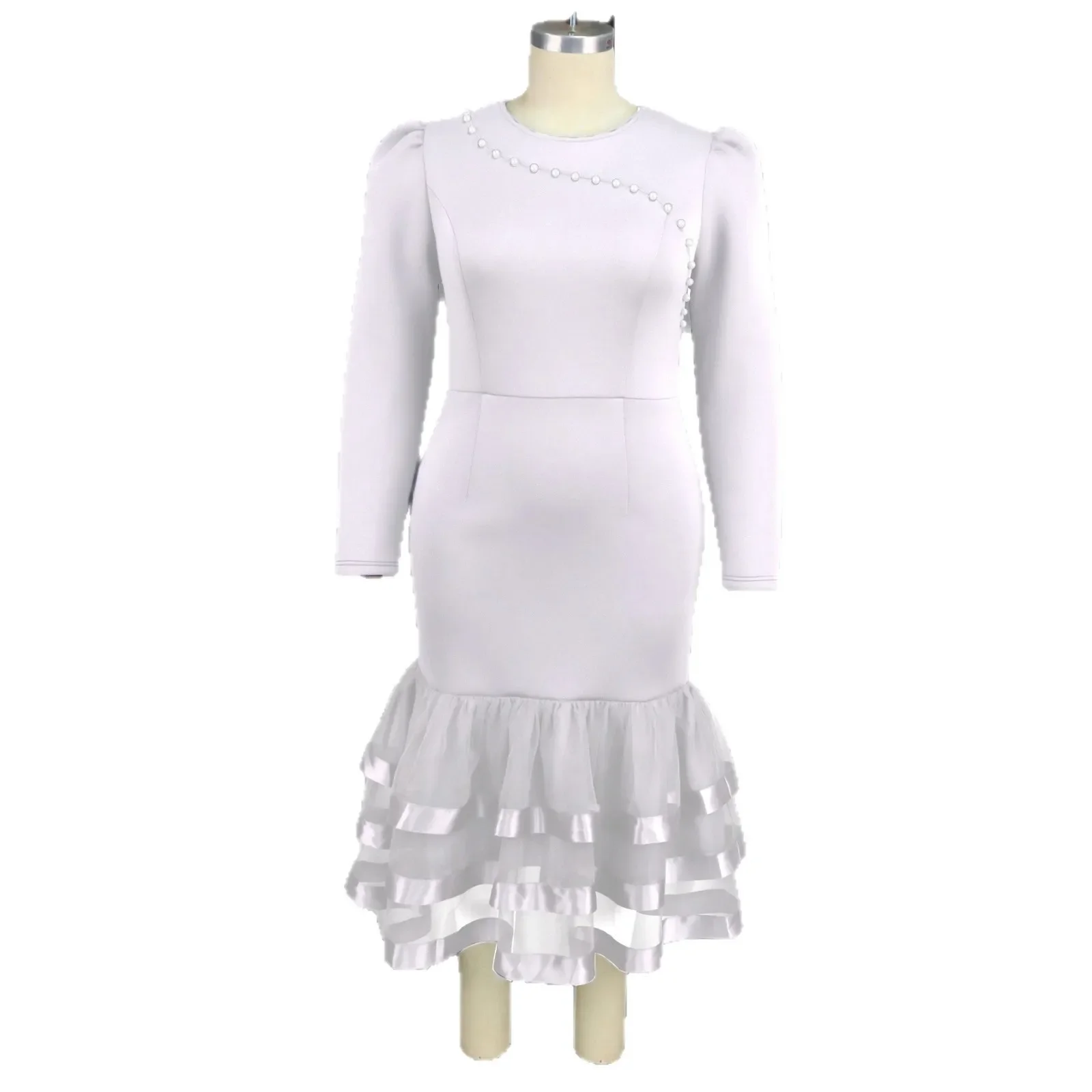 

White Plus Size African Dresses for Women Elegant African Long Sleeve O-neck Mesh Party Evening Midi Dresses Africa Clothing