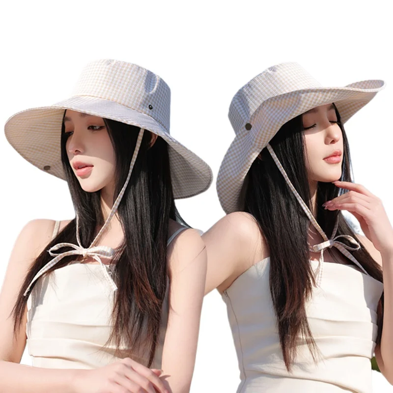 

Летние клетчатые панамы для женщин, уличная дорожная солнцезащитная шляпа в рыбацком стиле, женская шляпа с показывающим лицом, маленькая солнцезащитная шляпа от солнца, женская кепка