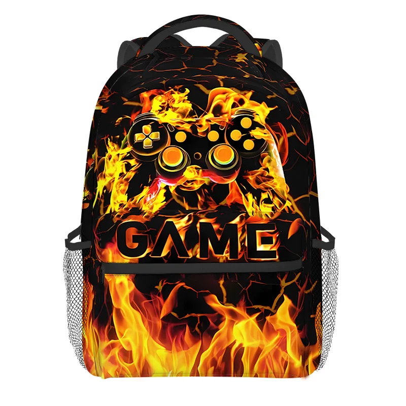 Flame Gaming Controller Print Backpack - Lightweight Polyester Gamer Backpack with Adjustable Straps, Zip Closure