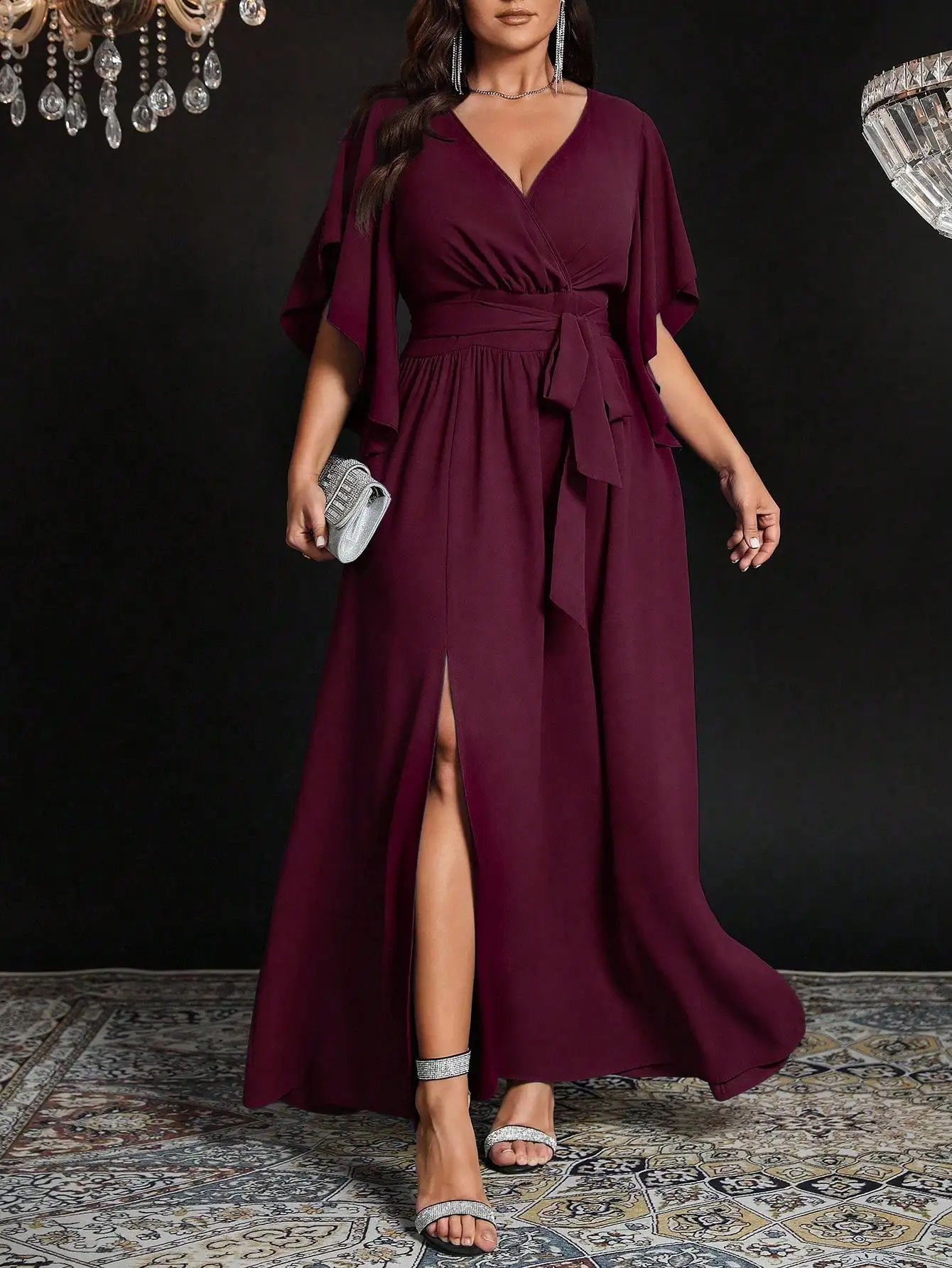 

Burgundy V-Neck Wrap Maxi Dress with Flare Sleeves, Tie Waist & Front Slit