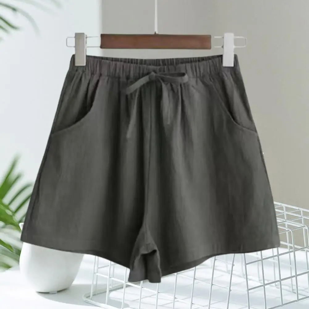 Women Drawstring Casual Short Pants High Waist Solid Color Pockets Thin Linen Wide Leg Women Casual Shorts Outdoor Streetwear