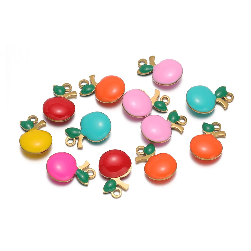 20 piezas de dijes de manzana esmaltados de acero inoxidable 304, colgantes de frutas para DIY, bonitos hallazgos de joyería, collares, pendientes, fabricación al por mayor