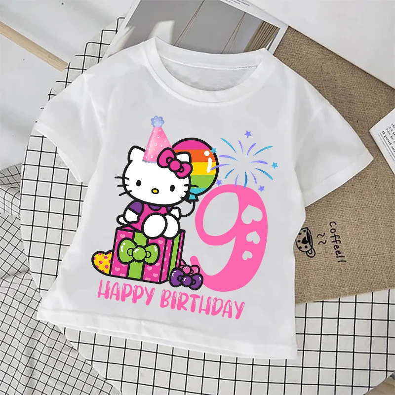 

Футболка с номером на день рождения Hello Kitty, футболка с короткими рукавами, летняя детская белая верхняя одежда, футболки для девочек, детская хлопковая милая футболка