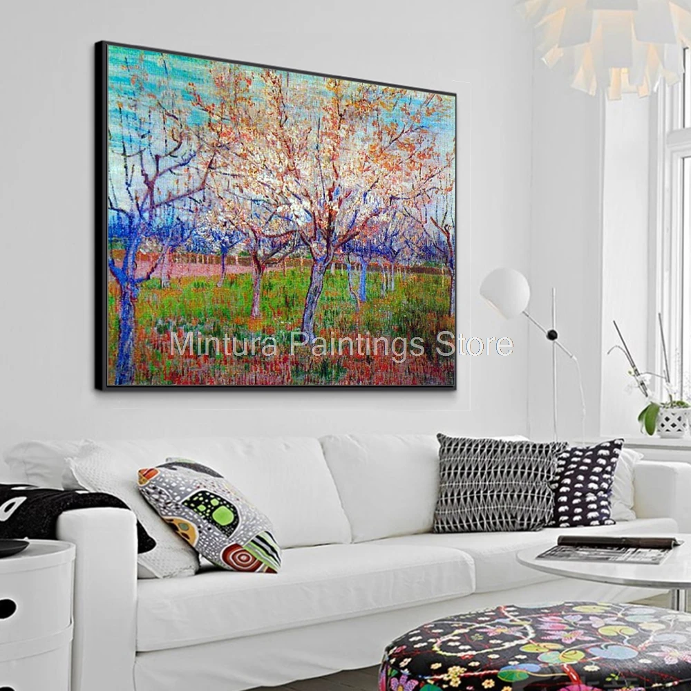 Orchard with Blossoming Apricot Trees of vincent van gogh hand made reproduction oil painting on Canvas,for,Home Decoration